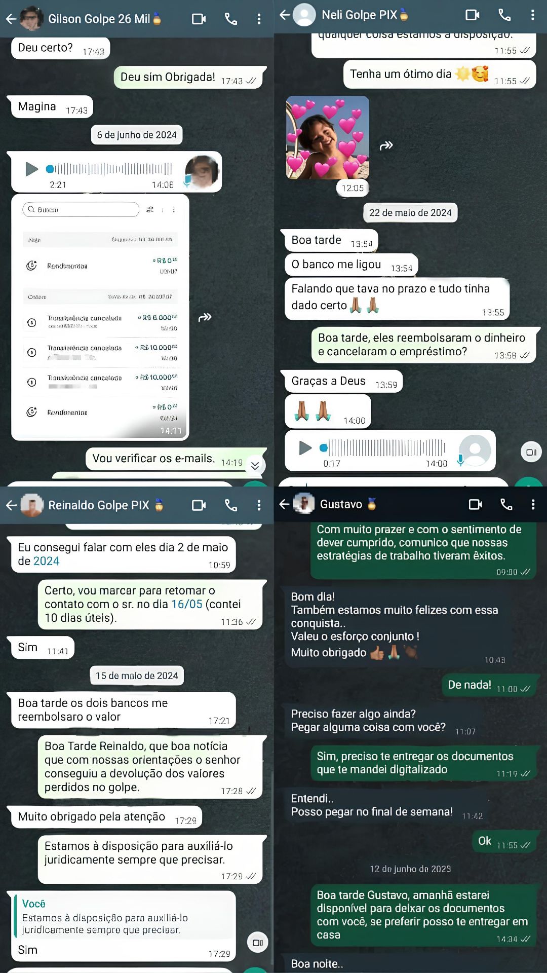 Conversas WhatsApp reais mostrando casos de sucesso na recuperação de valores